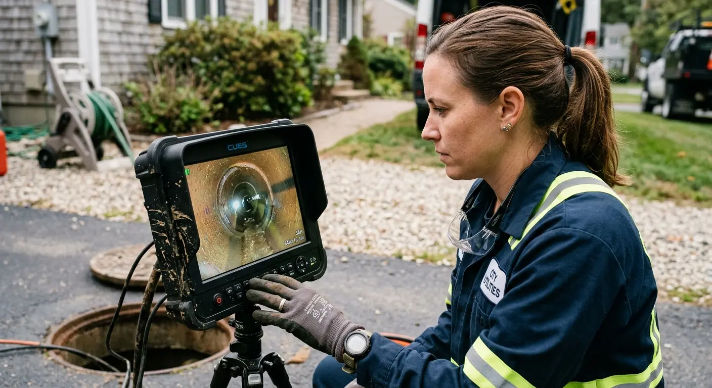 Technician reviewing sewer camera inspection footage in Rocklin