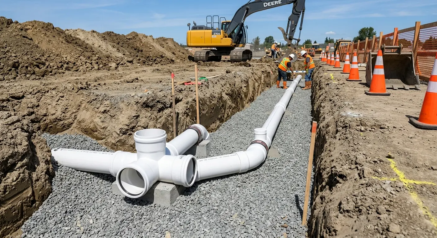 New PVC sewer pipe installation in open trench for Grease Trap Cleaning in Rocklin