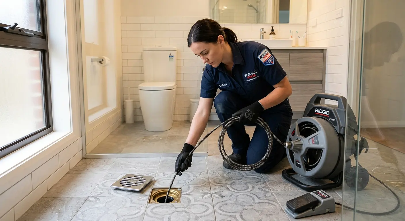 Technician clearing a bathroom floor drain for Drain Cleaning in Rocklin
